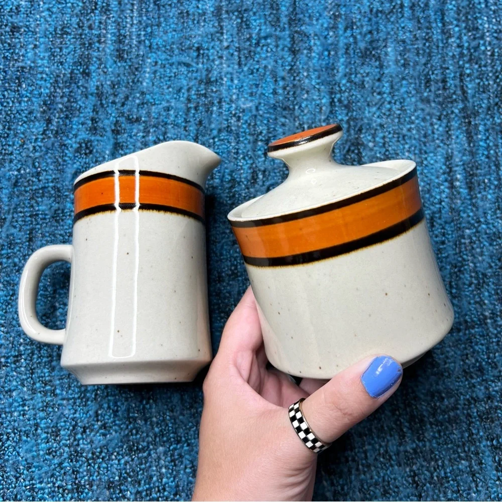 Vintage 70s Sango Rainbow Stoneware Cream & Sugar Dish 653 Caroline Retro Orange